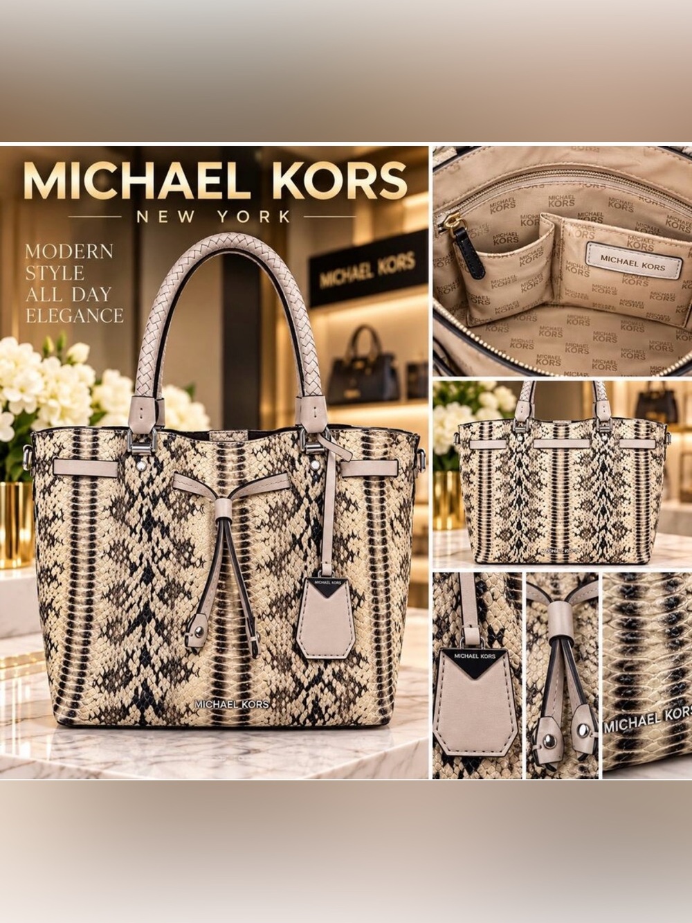 Michael Kors Blakely Medium Bucket Bag*neutral cream*black python-embossed